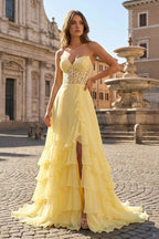Yellow Sweetheart Chiffon Ruffled A Line Long Evening Dress With Appliques - Curvevia