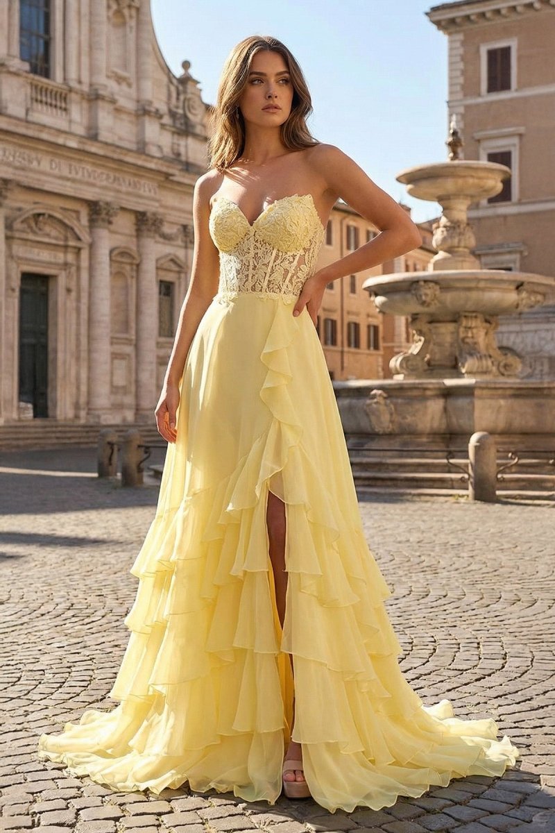 Yellow Sweetheart Chiffon Ruffled A Line Long Evening Dress With Appliques - Curvevia