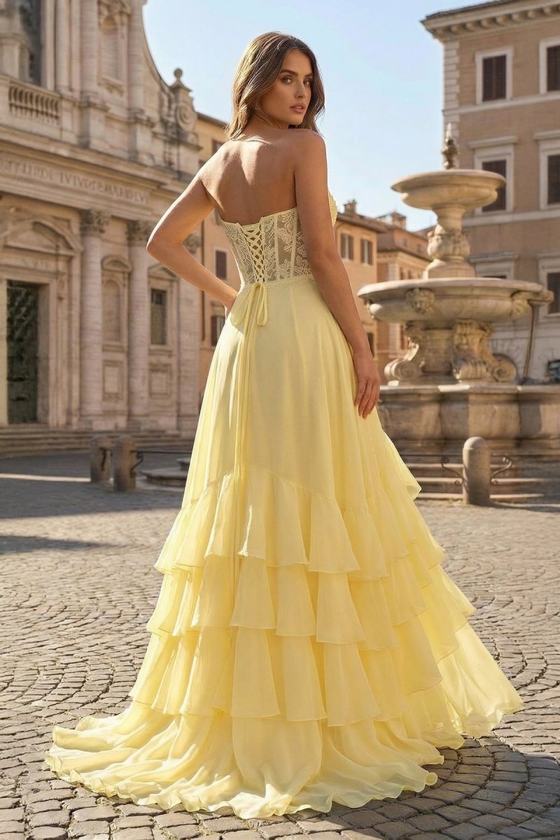 Yellow Sweetheart Chiffon Ruffled A Line Long Evening Dress With Appliques - Curvevia