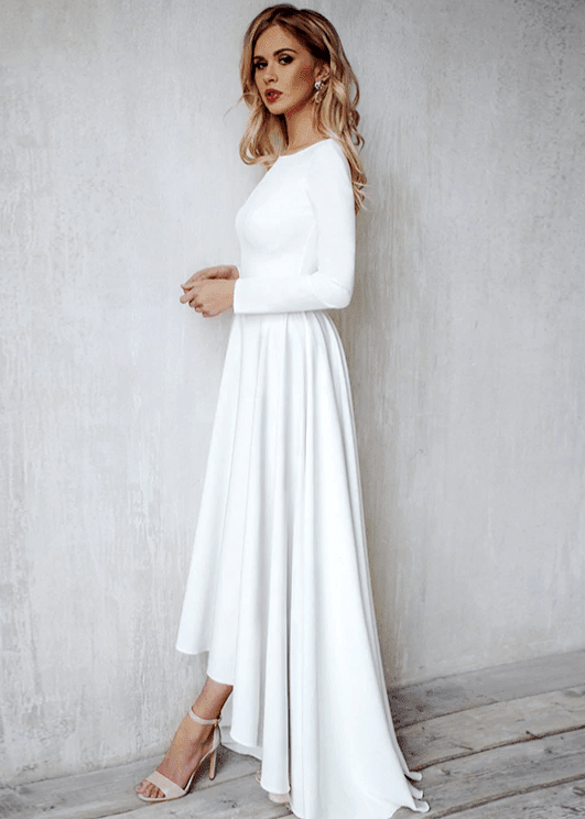 Long Sleeves A-Line Satin Open Back Wedding Dresses - Curvevia