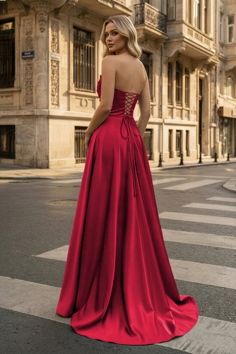 Strapless Sage Green Satin A-line Long Evening Dress With Slit - Curvevia