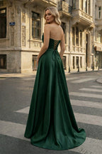 Strapless Sage Green Satin A-line Long Evening Dress With Slit - Curvevia