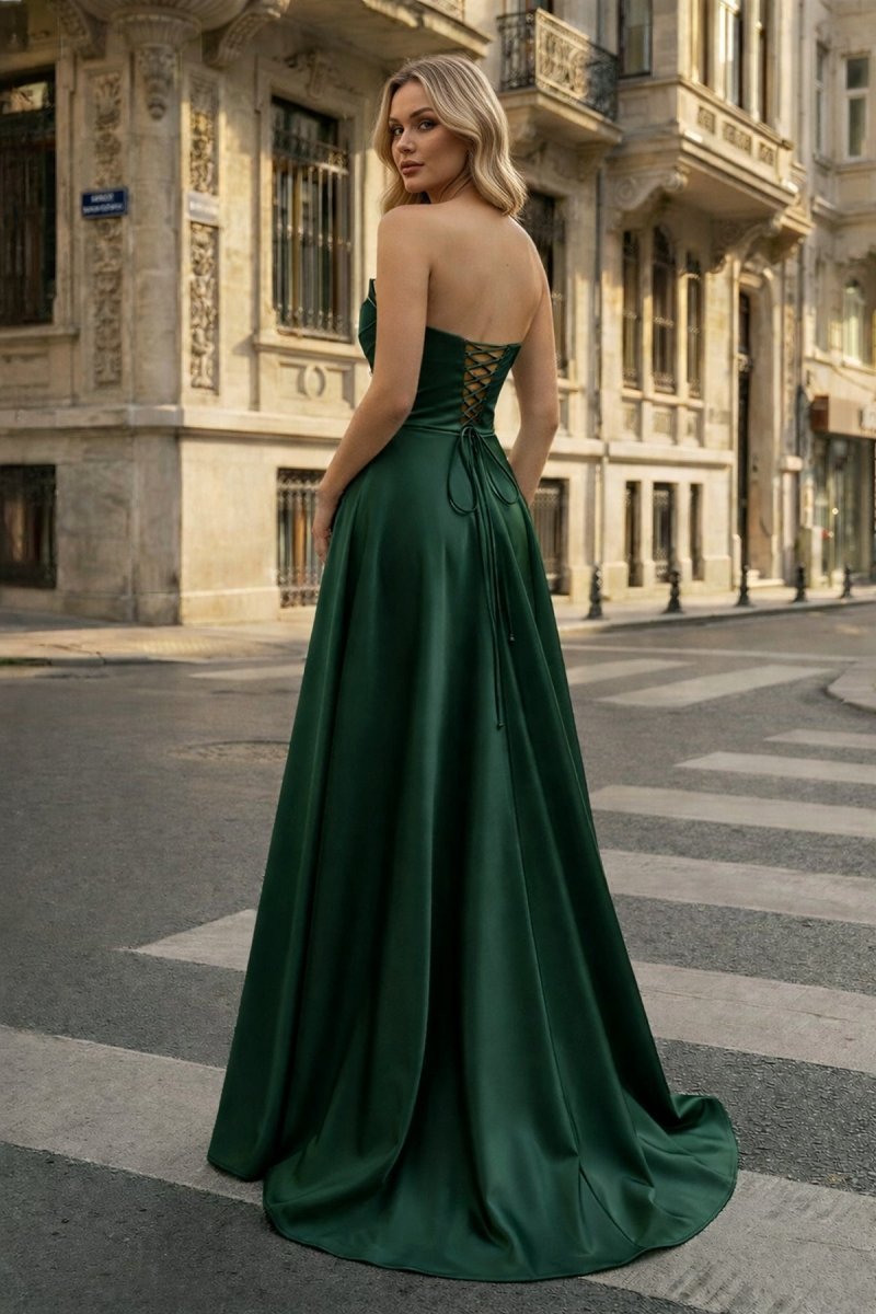 Strapless Sage Green Satin A-line Long Evening Dress With Slit - Curvevia