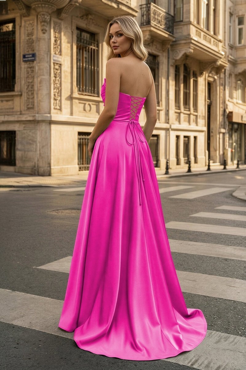 Strapless Sage Green Satin A-line Long Evening Dress With Slit - Curvevia