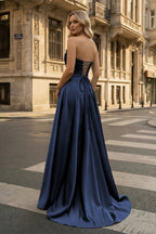 Strapless Sage Green Satin A-line Long Evening Dress With Slit - Curvevia