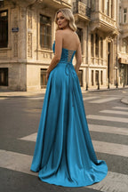 Strapless Sage Green Satin A-line Long Evening Dress With Slit - Curvevia