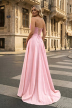 Strapless Sage Green Satin A-line Long Evening Dress With Slit - Curvevia