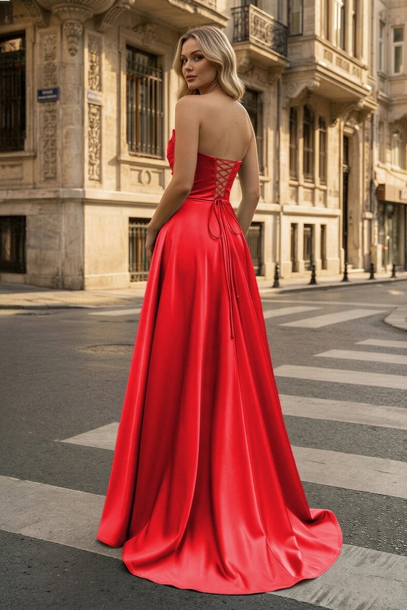 Strapless Sage Green Satin A-line Long Evening Dress With Slit - Curvevia