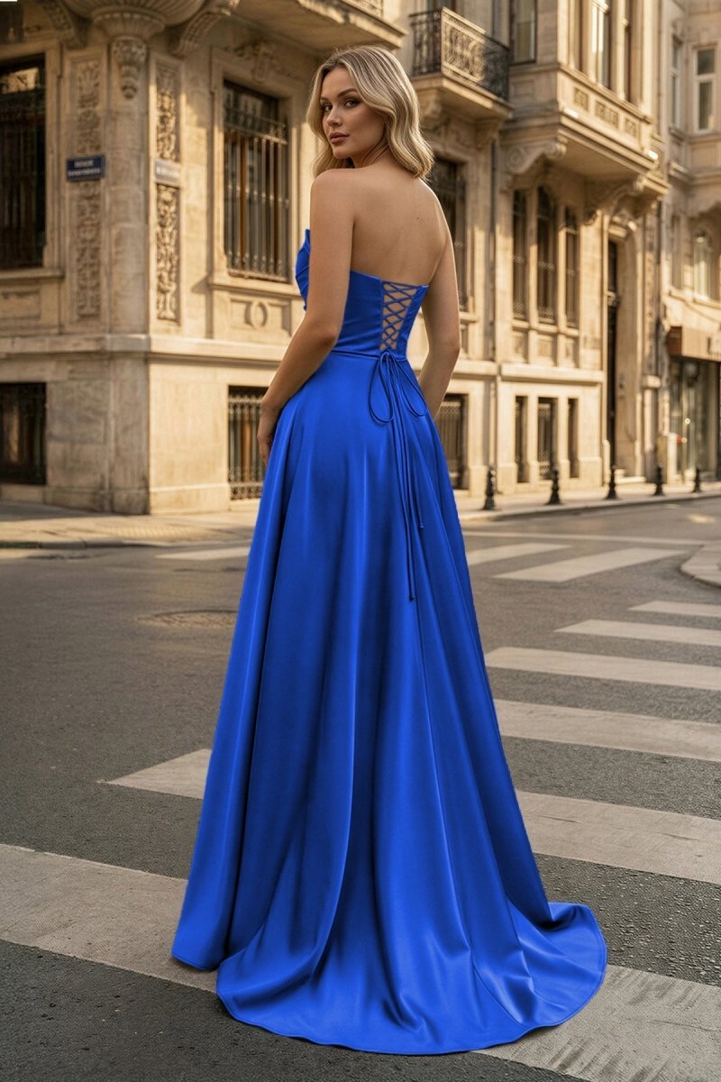 Strapless Sage Green Satin A-line Long Evening Dress With Slit - Curvevia