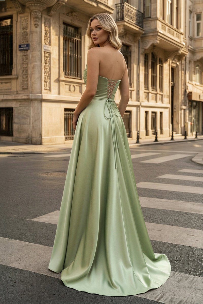 Strapless Sage Green Satin A-line Long Evening Dress With Slit - Curvevia