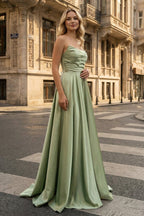 Strapless Sage Green Satin A-line Long Evening Dress With Slit - Curvevia