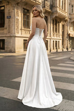 Strapless Sage Green Satin A-line Long Evening Dress With Slit - Curvevia