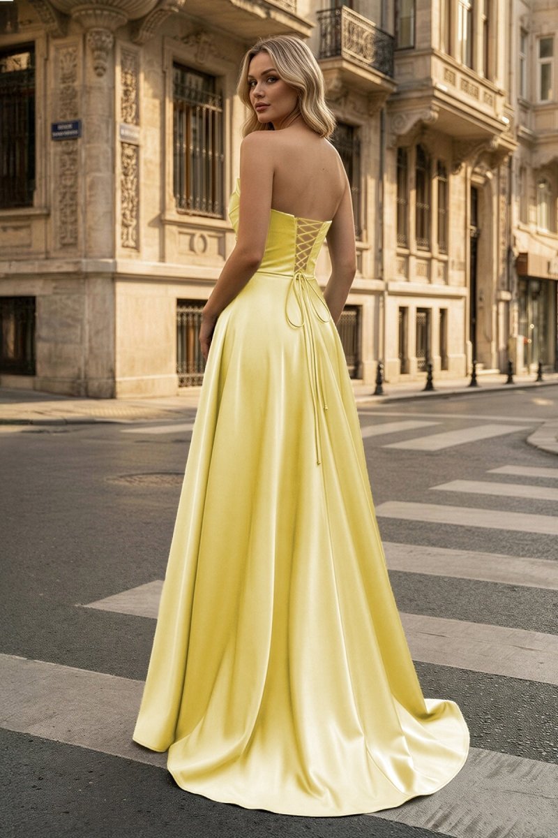 Strapless Sage Green Satin A-line Long Evening Dress With Slit - Curvevia