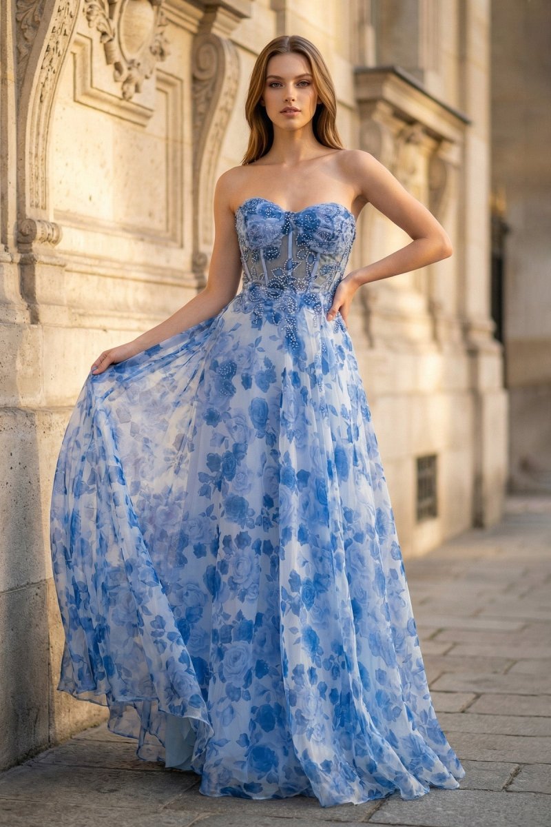 Strapless Printing Sweetheart Beads A-Line Wedding Guest Dress - Curvevia