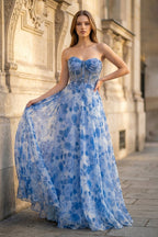 Strapless Printing Sweetheart Beads A-Line Wedding Guest Dress - Curvevia