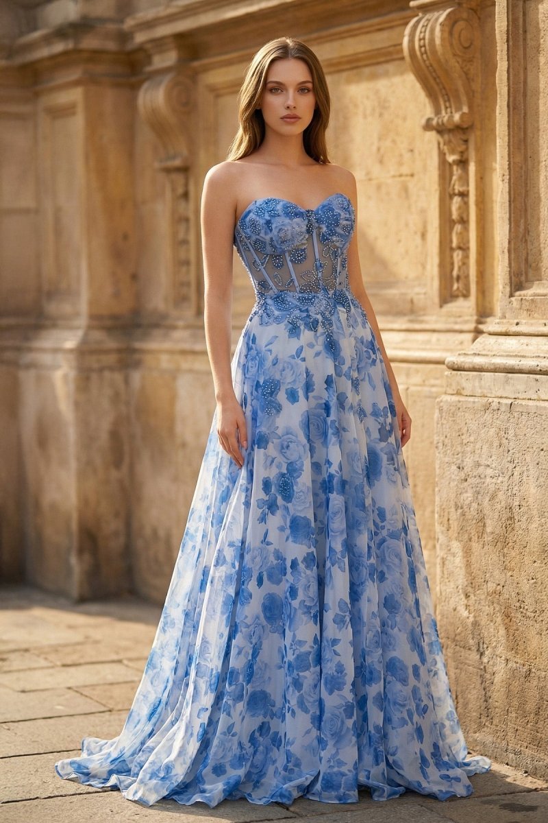 Strapless Printing Sweetheart Beads A-Line Wedding Guest Dress - Curvevia