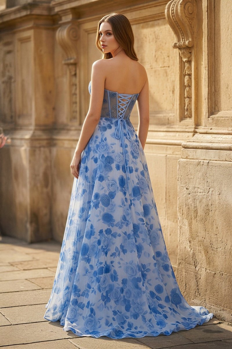 Strapless Printing Sweetheart Beads A-Line Wedding Guest Dress - Curvevia