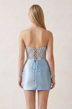 Sky Blue Bodycon Satin Sweetheart Beaded Mini Homecoming Dresses with Slit - Curvevia