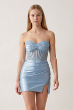 Sky Blue Bodycon Satin Sweetheart Beaded Mini Homecoming Dresses with Slit - Curvevia