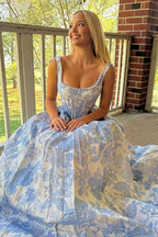 Blue Square Neck A Line Floral Jacquard Wedding Guest Dress With Pearls - Curvevia