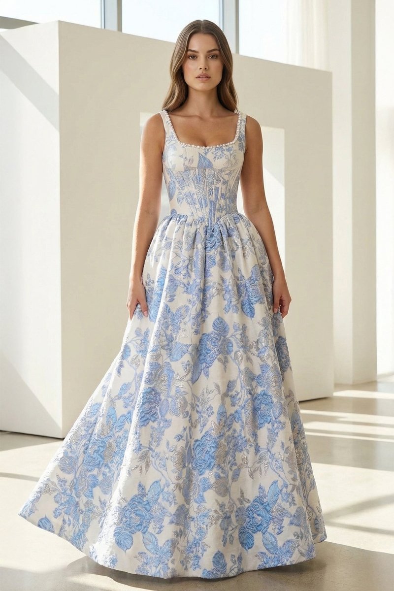 Blue Square Neck A Line Floral Jacquard Wedding Guest Dress With Pearls - Curvevia