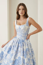 Blue Square Neck A Line Floral Jacquard Wedding Guest Dress With Pearls - Curvevia