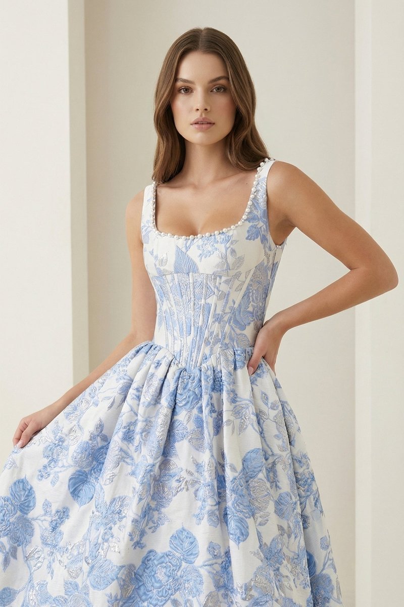 Blue Square Neck A Line Floral Jacquard Wedding Guest Dress With Pearls - Curvevia