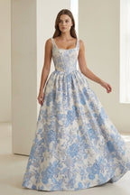 Blue Square Neck A Line Floral Jacquard Wedding Guest Dress With Pearls - Curvevia