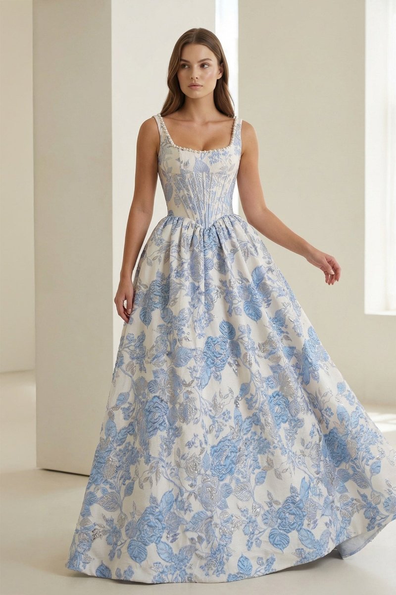 Blue Square Neck A Line Floral Jacquard Wedding Guest Dress With Pearls - Curvevia
