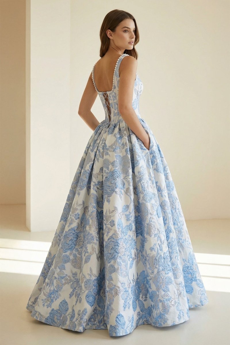 Blue Square Neck A Line Floral Jacquard Wedding Guest Dress With Pearls - Curvevia