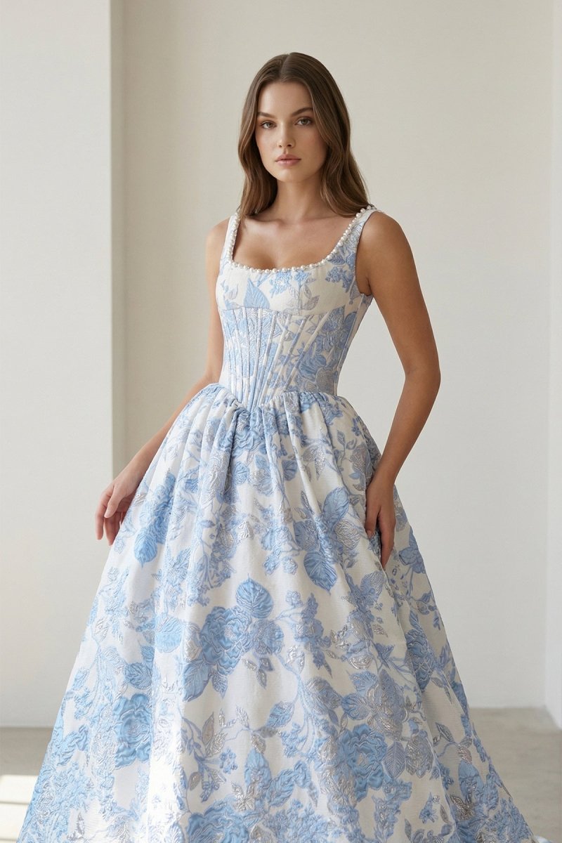 Blue Square Neck A Line Floral Jacquard Wedding Guest Dress With Pearls - Curvevia