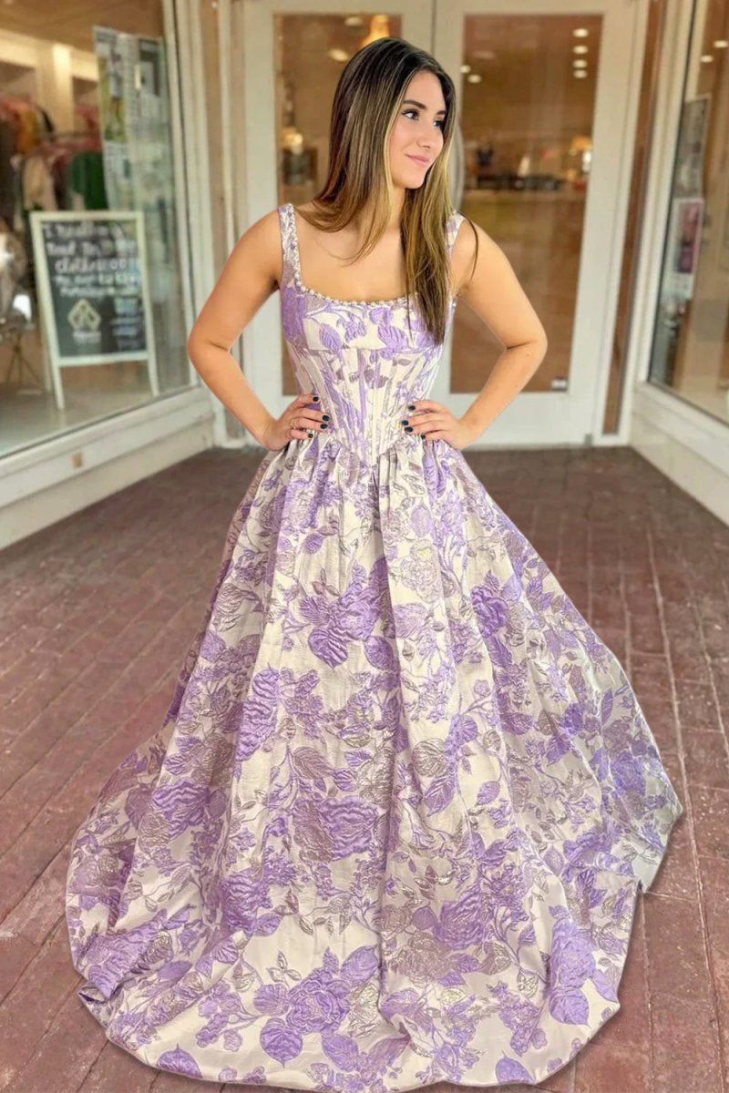 Blue Square Neck A Line Floral Jacquard Wedding Guest Dress With Pearls - Curvevia