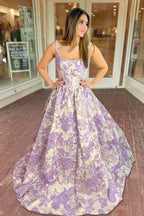 Blue Square Neck A Line Floral Jacquard Wedding Guest Dress With Pearls - Curvevia