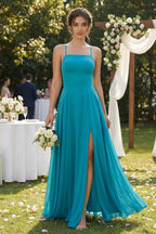 A-Line Chiffon Mother of the Bride Dress With Slit in Blue Jay - Curvevia