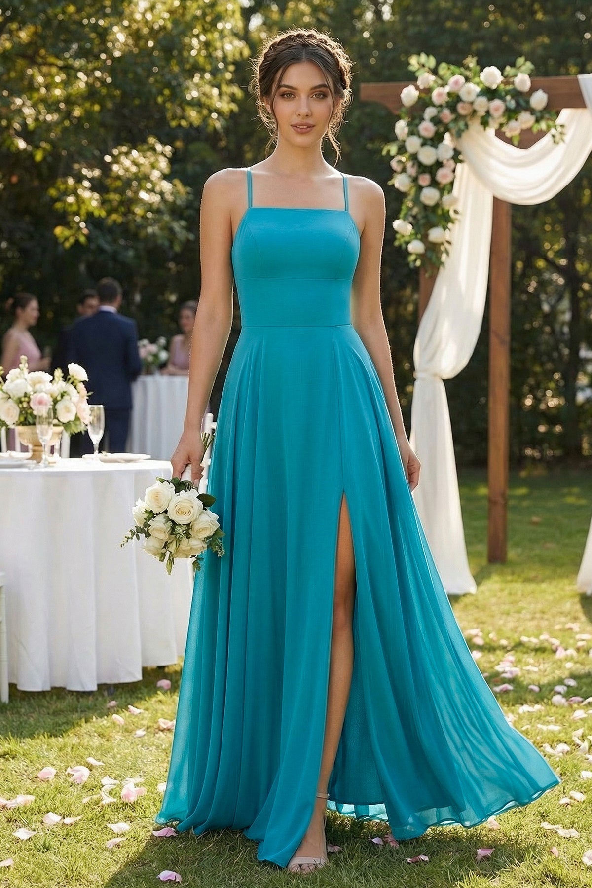 A-Line Chiffon Mother of the Bride Dress With Slit in Blue Jay - Curvevia