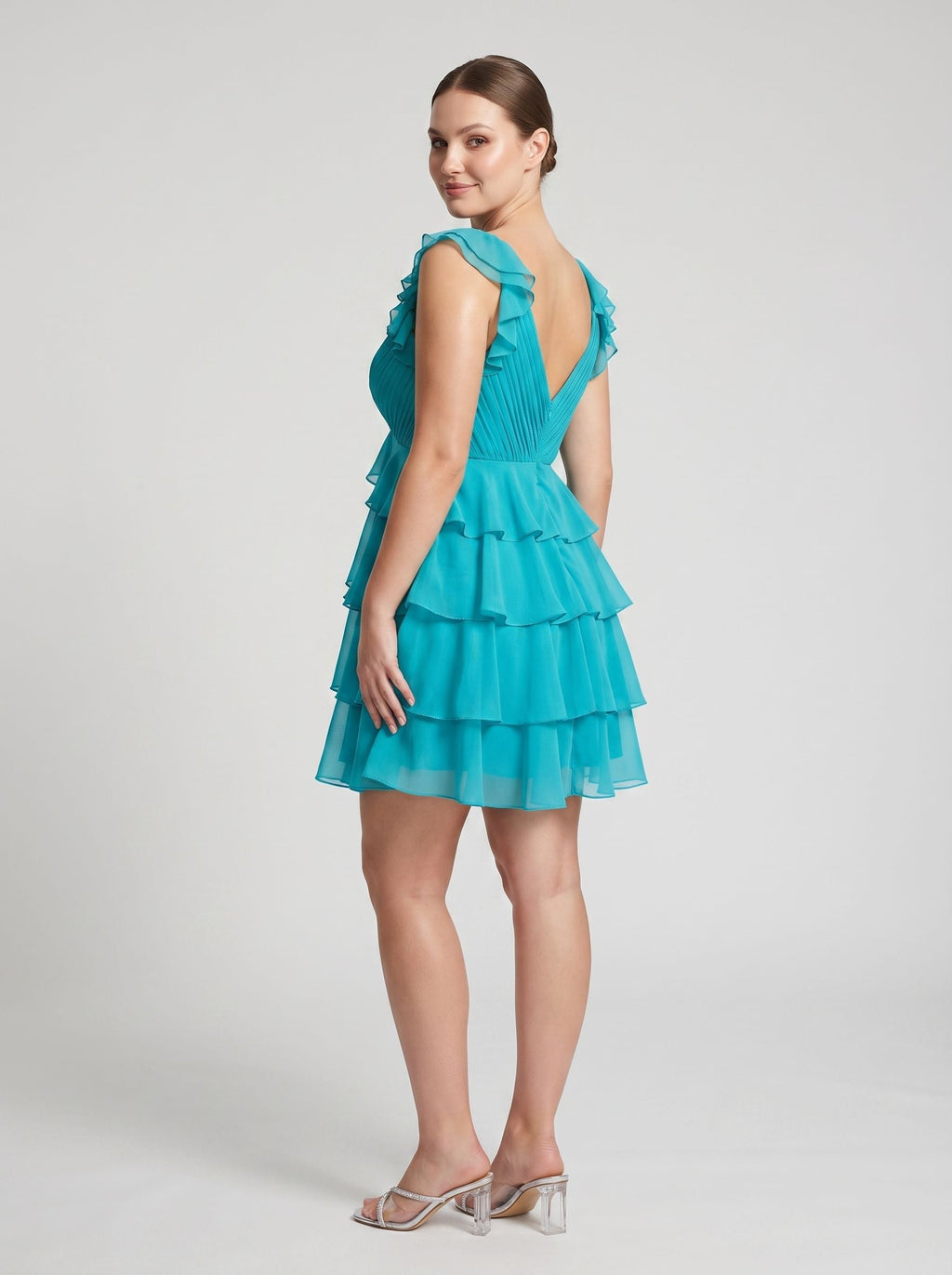 Blue Chiffon A-Line V-Neck Back Zip Short Dress with Cascading Ruffles - Curvevia