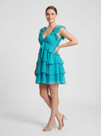 Blue Chiffon A-Line V-Neck Back Zip Short Dress with Cascading Ruffles - Curvevia