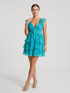 Blue Chiffon A-Line V-Neck Back Zip Short Dress with Cascading Ruffles - Curvevia