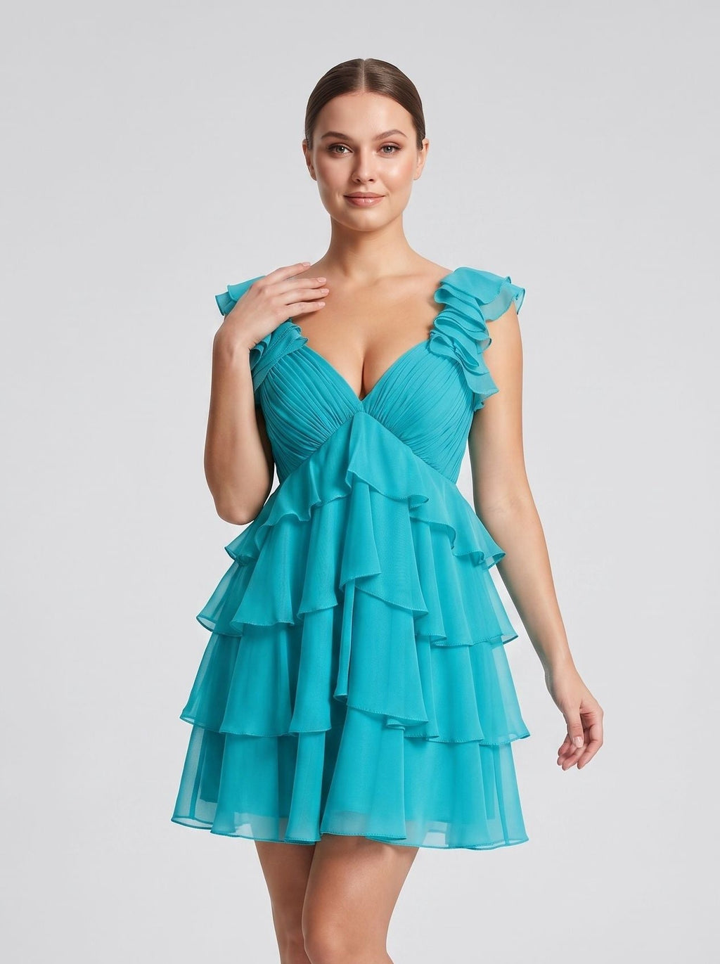 Blue Chiffon A-Line V-Neck Back Zip Short Dress with Cascading Ruffles - Curvevia