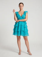 Blue Chiffon A-Line V-Neck Back Zip Short Dress with Cascading Ruffles - Curvevia