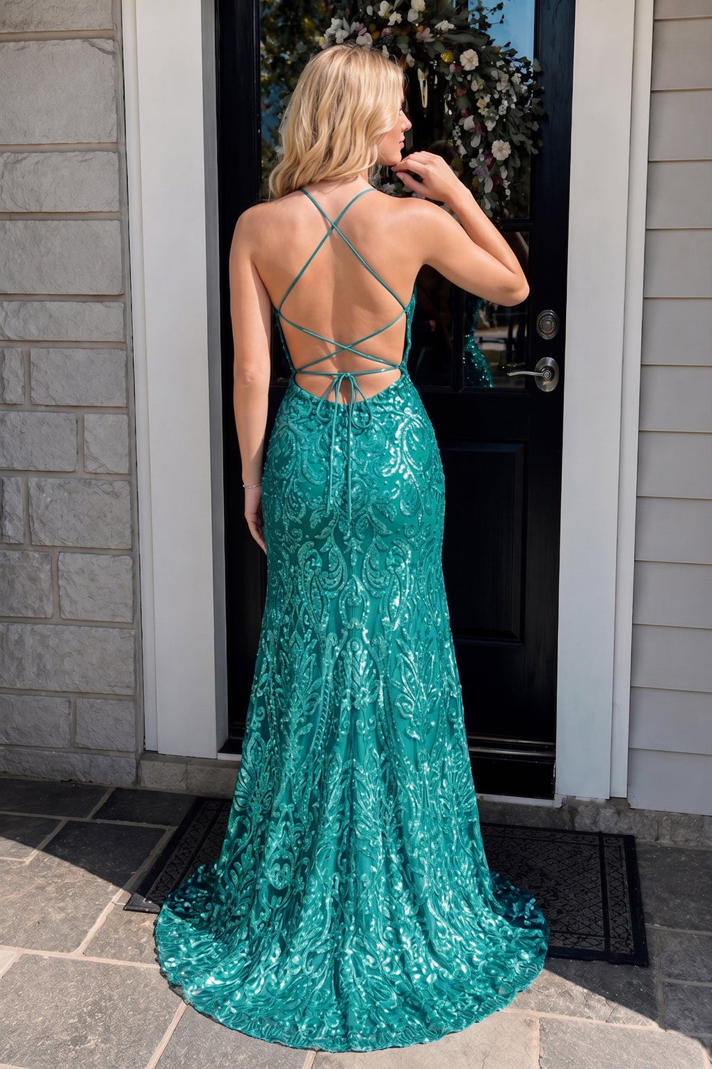 Mermaid Spaghetti Straps Blue Sequins Lace Long Evening Dress with Slit - Curvevia
