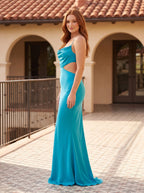 Peacock Blue Satin Sheath Cowl Neck Backless Floor-Length Dress with Draped Neck - Curvevia