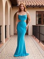 Peacock Blue Satin Sheath Cowl Neck Backless Floor-Length Dress with Draped Neck - Curvevia