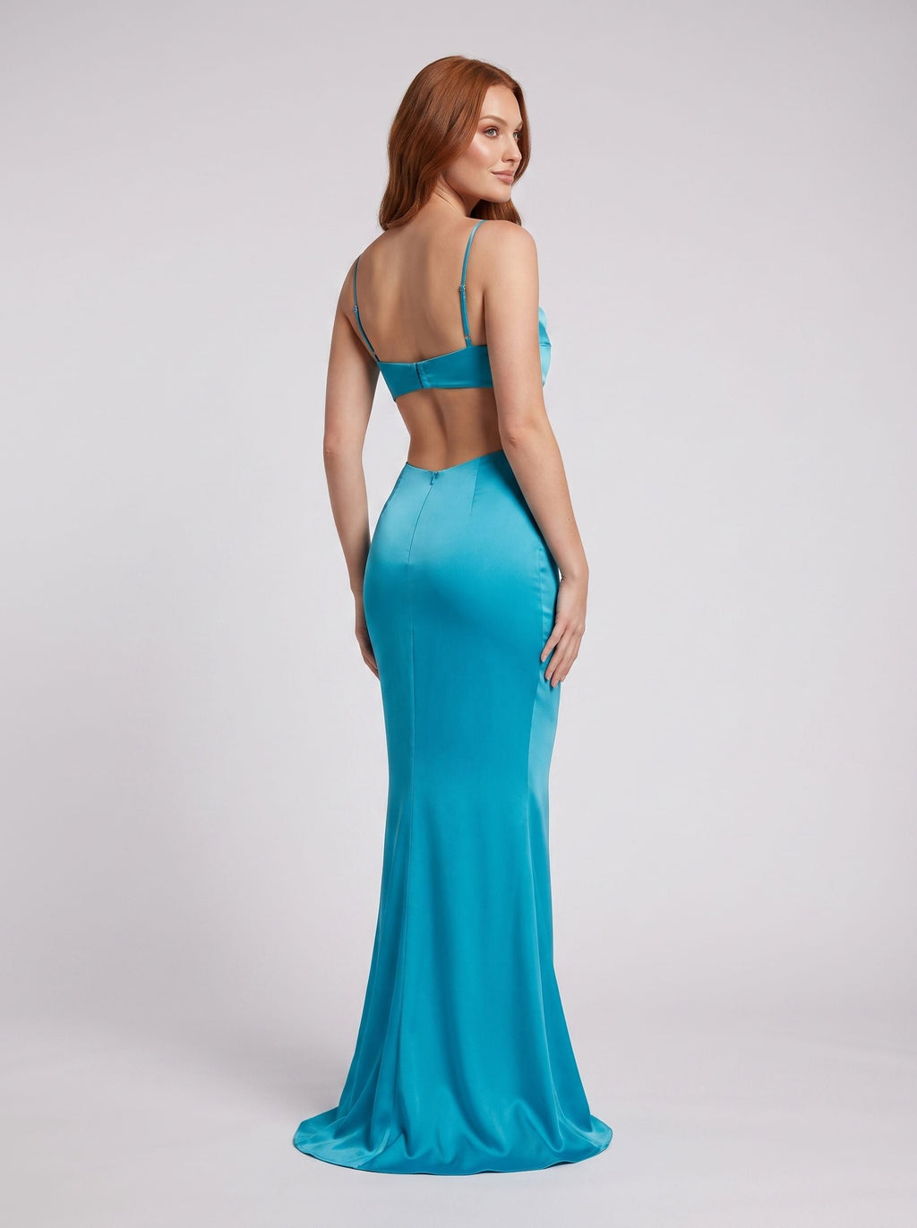 Peacock Blue Satin Sheath Cowl Neck Backless Floor-Length Dress with Draped Neck - Curvevia