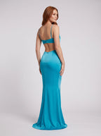 Peacock Blue Satin Sheath Cowl Neck Backless Floor-Length Dress with Draped Neck - Curvevia