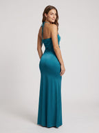 Teal Satin column Halter neckline Back Zip Floor-Length Dress with Keyhole - Curvevia