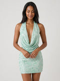 Teal Sequin Sheath Cowl Neck Backless Short Dress with Halter Tie - Curvevia