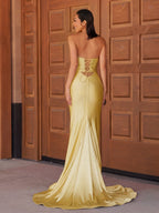 Glitter Mermaid Yellow Sweetheart Cut-out Long Prom Dress with Beading - Curvevia