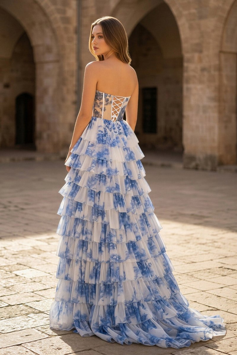 Blue Floral Printed Sweetheart Chiffon Tiered A-Line Long Corset Prom Dress - Curvevia