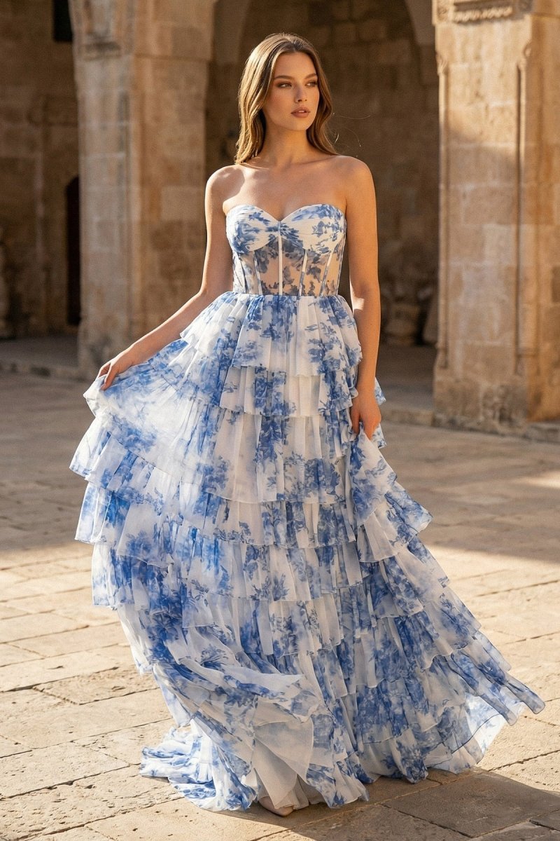 Blue Floral Printed Sweetheart Chiffon Tiered A-Line Long Corset Prom Dress - Curvevia